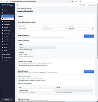 BrainyMaster admin panel for launching a phishing campaign