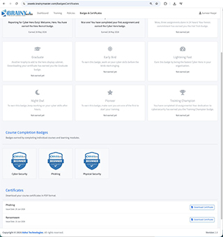 BrainyMaster learner view of badges and certificates