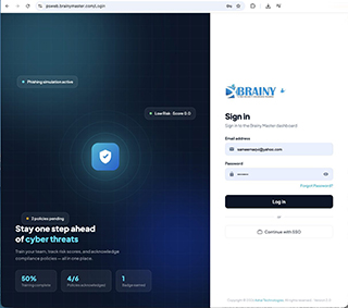 BrainyMaster learner sign-in screen with live risk score and training progress