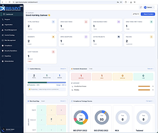 BrainyGRC dashboard preview showing compliance and risk overview