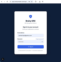BrainyGRC secure sign-in screen